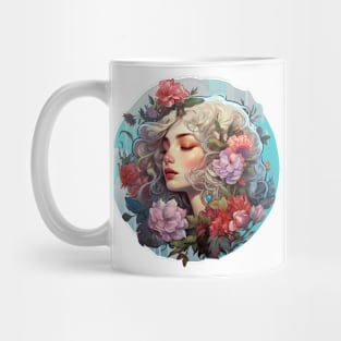 Beautiful girl surrounded by flowers Mug